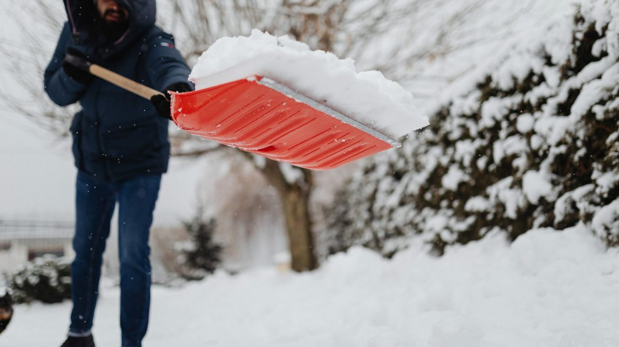 A person removing snow from the sidewalk